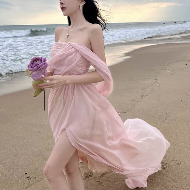 Fioridi-Off Shoulder Slit Hem Plain Maxi A-Line Dress