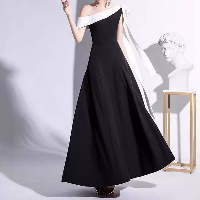 Fioridi-Off Shoulder Two Tone A-Line Evening Gown
