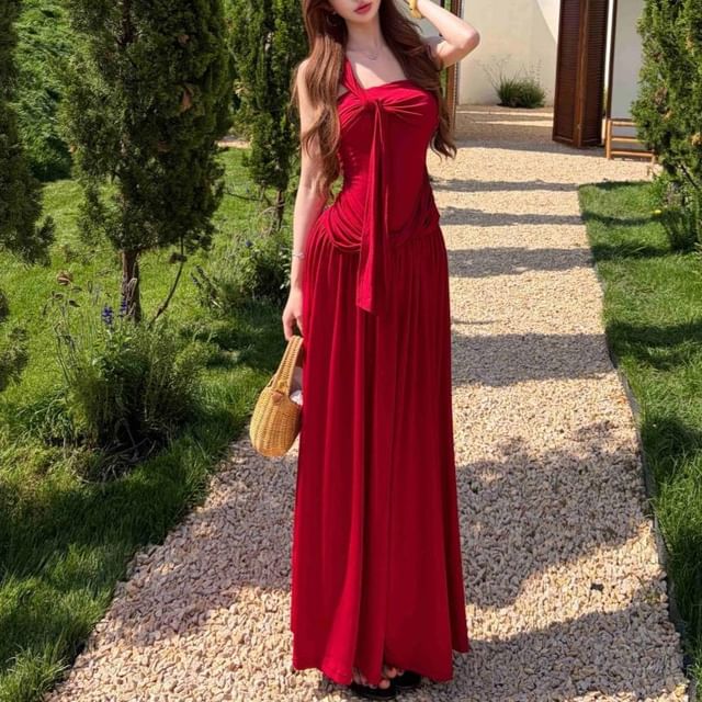 Fioridi-One-Shoulder Plain Knotted Maxi A-Line Dress