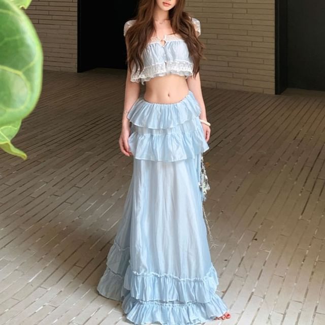 Fioridi-Set Cap Sleeve Square Neck Button Panel Lace Crop Top Mid Rise Plain Ruffle Maxi A-Line Skirt