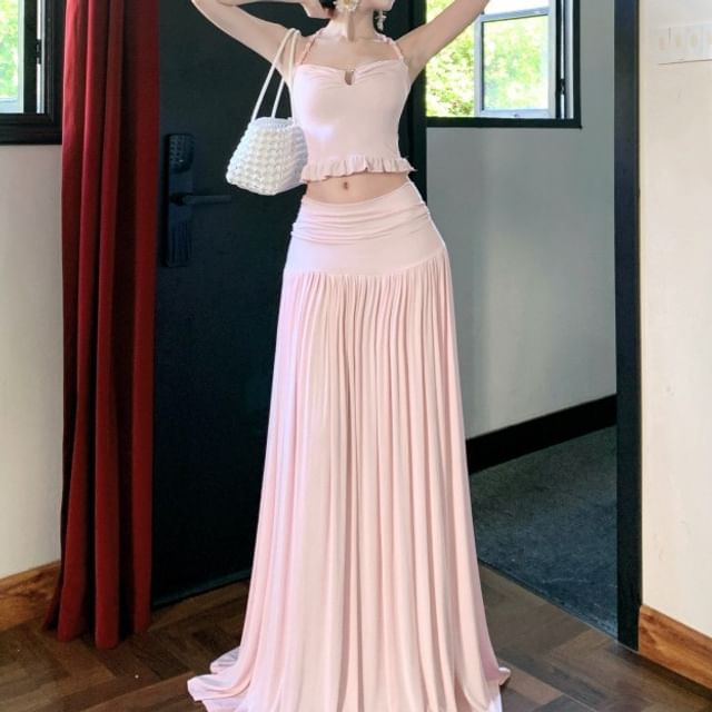 Fioridi-Set Halter Plain Ruffle Top Mid Rise Gathered Maxi A-Line Skirt