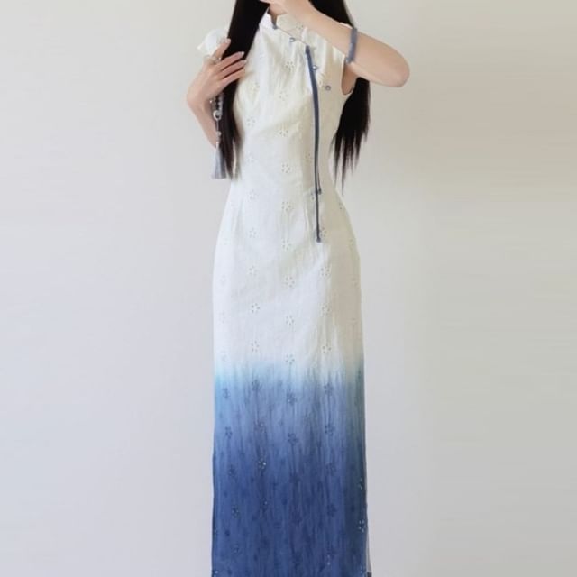 Fioridi-Short Sleeve Mandarin Collar Gradient Maxi Qipao