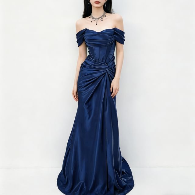 Fioridi-Short-Sleeve Off Shoulder Plain A-Line Evening Gown
