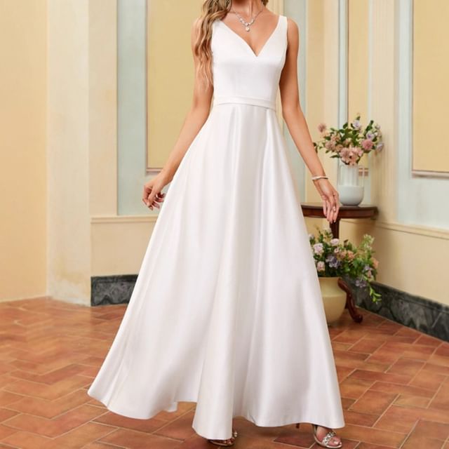 Fioridi-Sleeveless V-Neck Plain A-Line Evening Gown