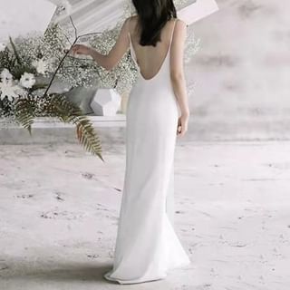 Fioridi-Spaghetti Strap Plain Backless Sheath Wedding Gown