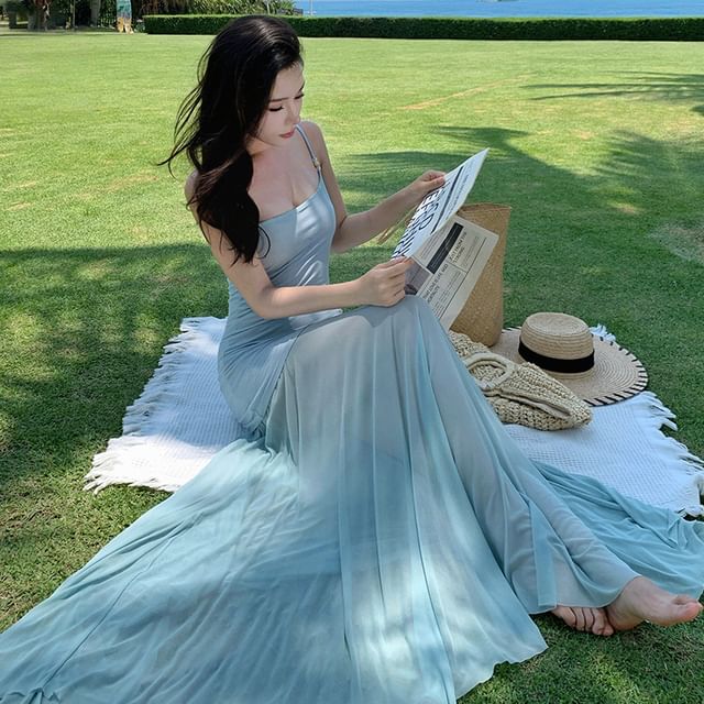 Fioridi-Spaghetti Strap Plain Beaded Mesh Panel Maxi Sundress