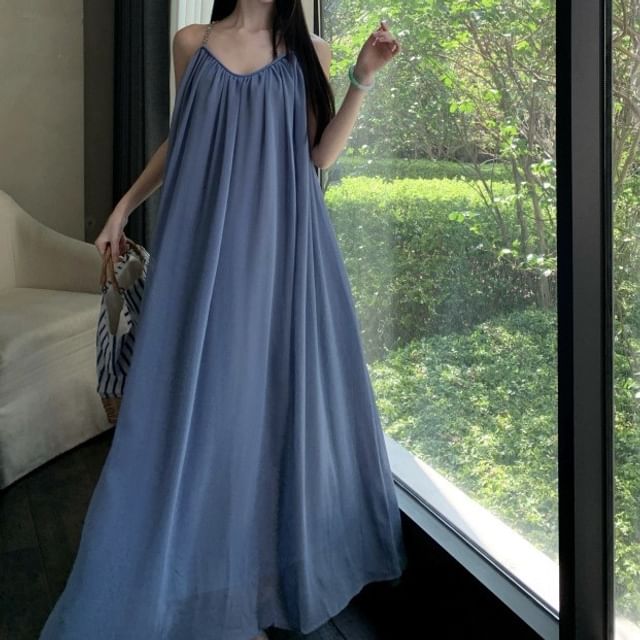 Fioridi-Spaghetti Strap Plain Maxi A-Line Dress