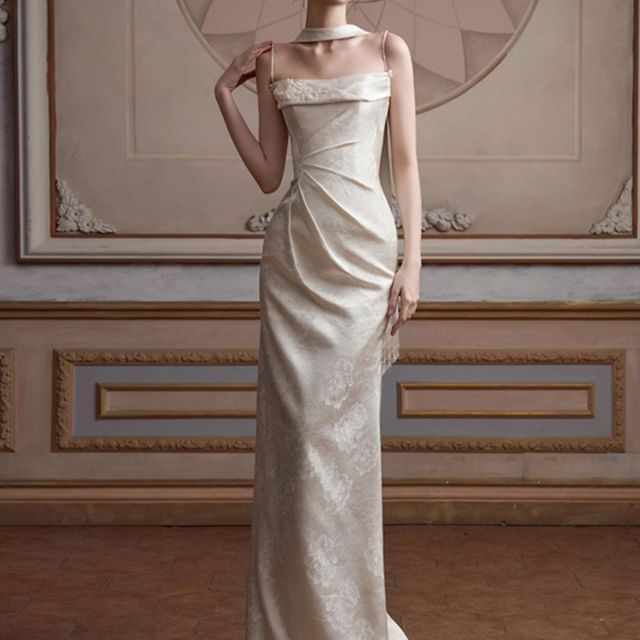 Fioridi-Spaghetti Strap Plain Ruched Sheath Evening Gown
