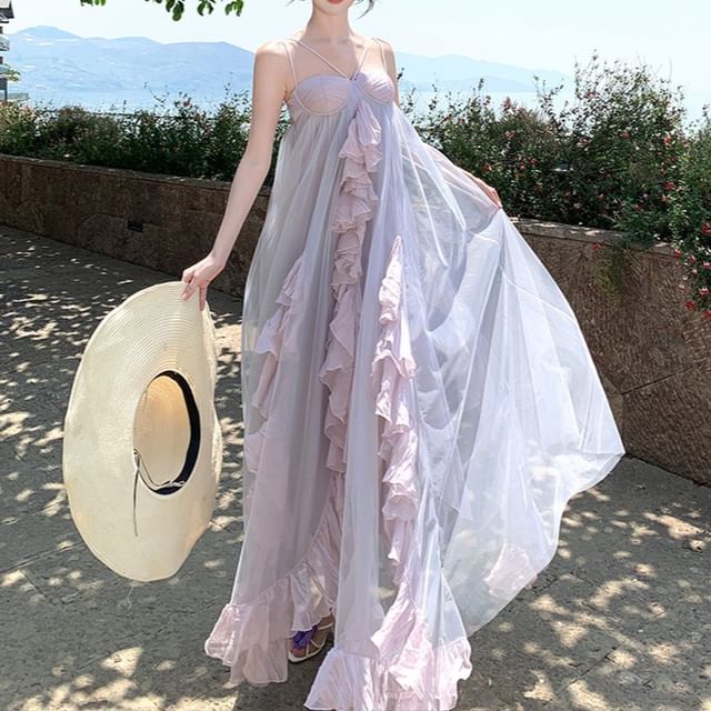 Fioridi-Spaghetti Strap Plain Ruffle Asymmetrical Maxi Sundress
