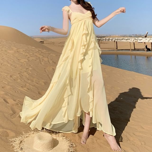 Fioridi-Spaghetti Strap Plain Ruffle Open Back Maxi Sundress