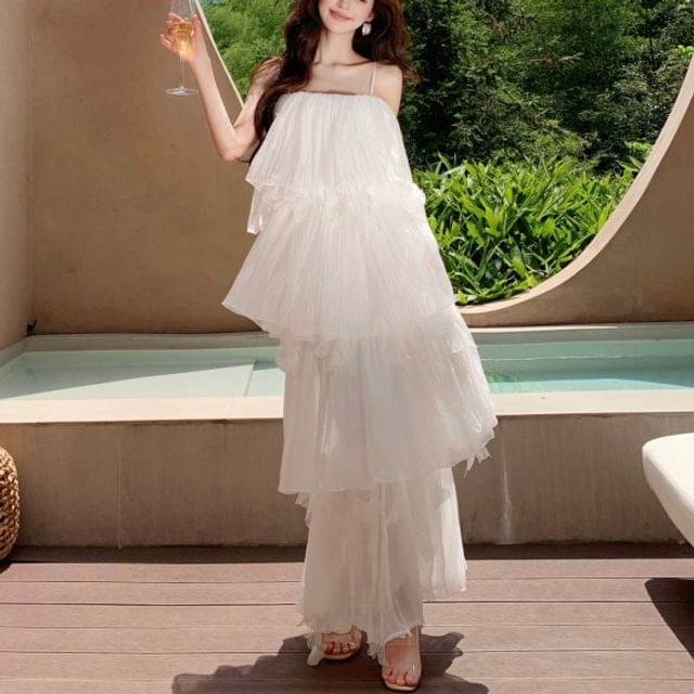 Fioridi-Spaghetti Strap Plain Ruffle Tiered Maxi A-Line Dress