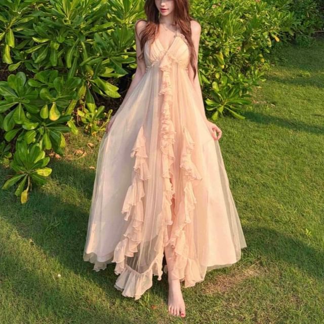 Fioridi-Spaghetti Strap Ruffle Sheer Plain Maxi A-Line Dress