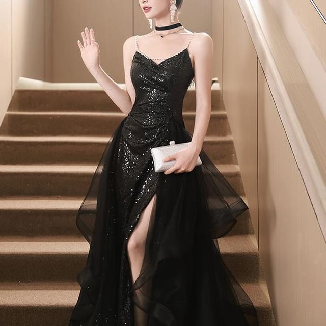 Fioridi-Spaghetti Strap Sequin Side-Slit Ruffle A-Line Evening Gown