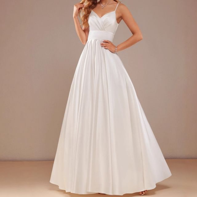 Fioridi-Spaghetti Strap V-Neck Plain Evening Gown