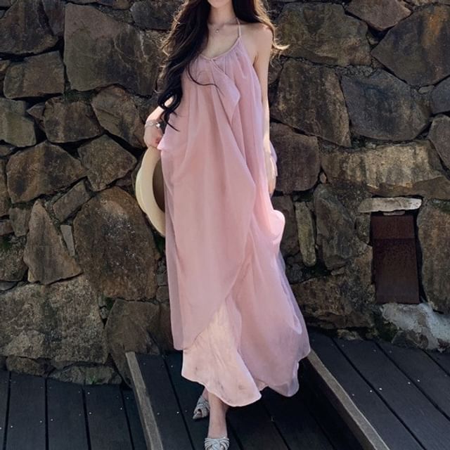 Fioridi-Spaghetti Strap V-Neck Plain Maxi A-Line Dress