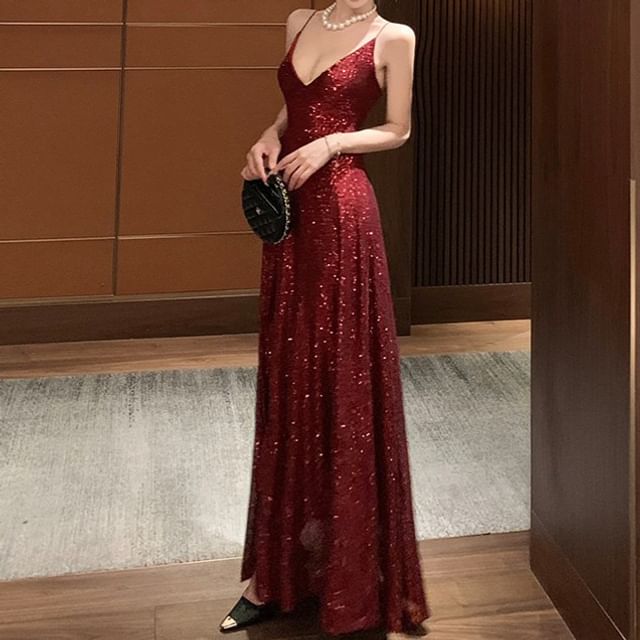 Fioridi-Spaghetti Strap V-Neck Sequin Maxi A-Line Dress