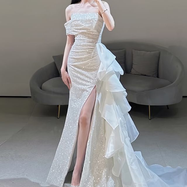 Fioridi-Strapless Glitter Ruffle Slit Mermaid Evening Gown