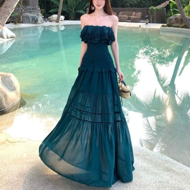 green dress yesstyle Strapless Plain Ruffle Trim Smocked Maxi A-Line Wedding dress