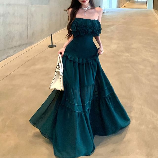 Fioridi-Strapless Plain Ruffled Maxi A-Line Dress