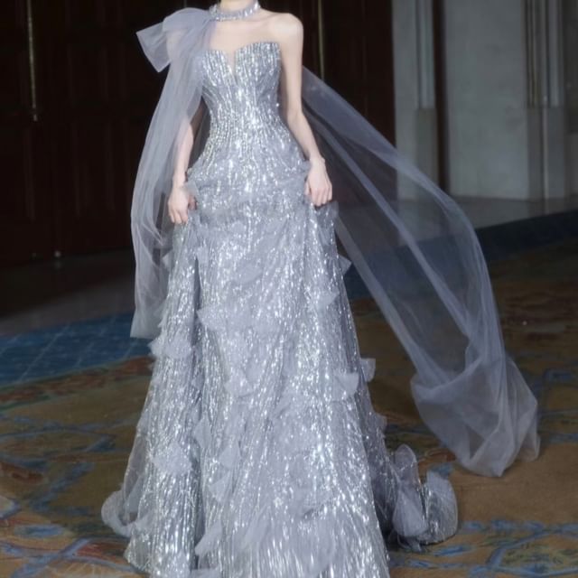 Fioridi-Strapless Sheer Overlay Sequin A-Line Evening Gown