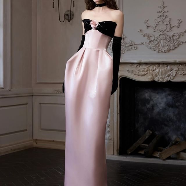 Fioridi-Strapless Two Tone Sheath Evening Gown