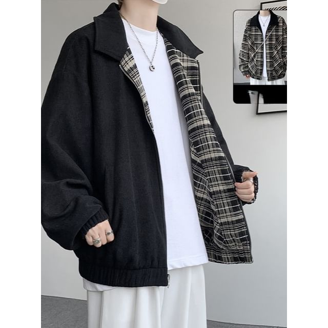 Fireon-Collared Plaid Reversible Zip Jacket