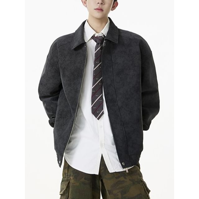 Fireon-Collared Tie Dye Faux Leather Zip Jacket
