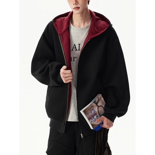 Fireon-Contrast Lining Zip Hoodie