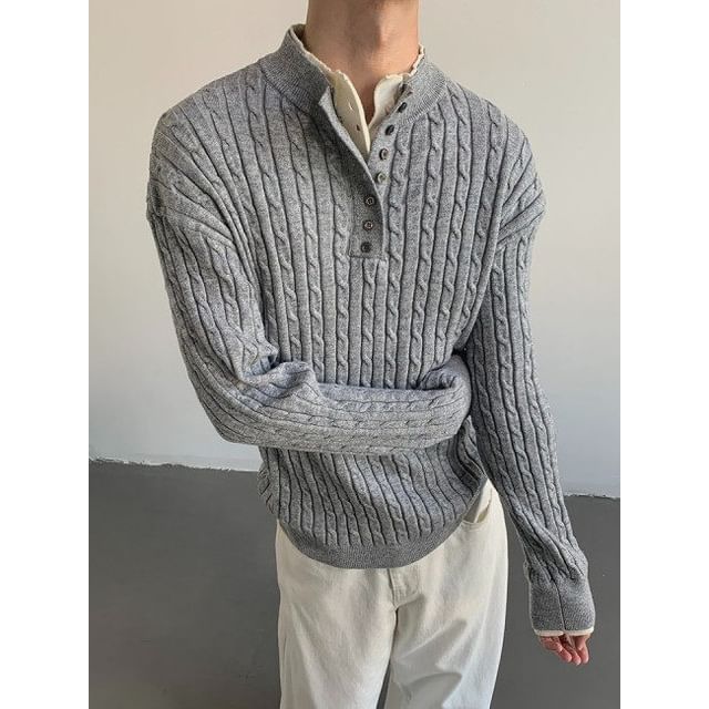 Fireon-Drop Shoulder Henley Cable Knit Sweater