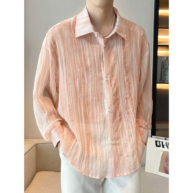 Fireon-Long-Sleeve Plain Textured Sheer Shirt