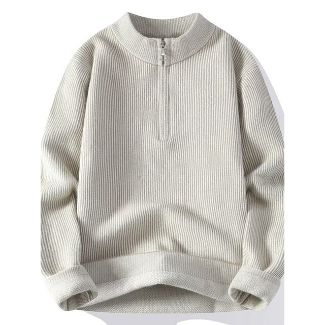 Fireon-Mock Neck Plain Half-Zip Ribbed Sweater