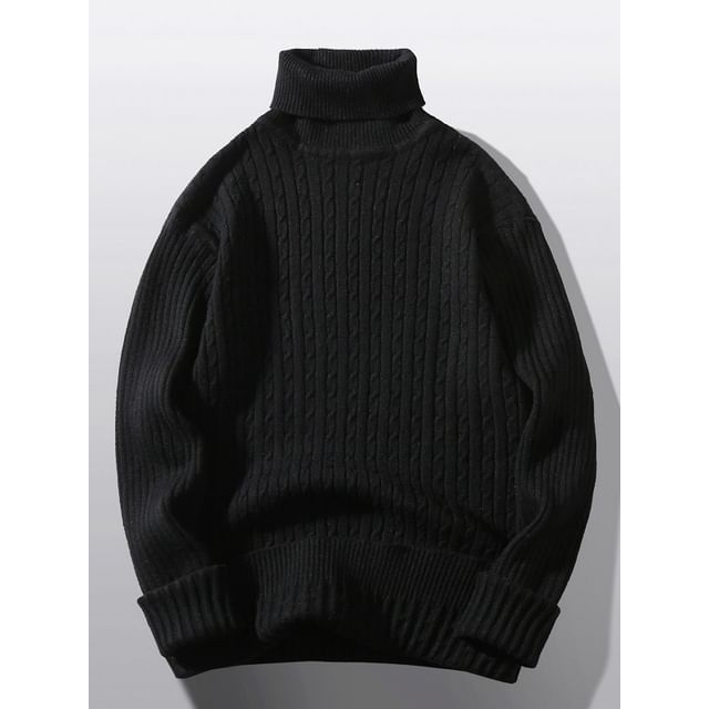 Fireon-Turtleneck Plain Cable Knit Sweater
