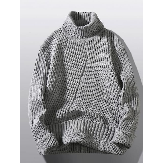 Fireon-Turtleneck Plain Ribbed Knit Sweater