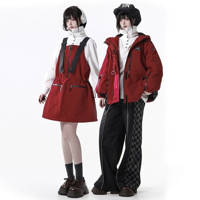 Florimi-Elastic Waist Checkerboard Panel Wide Leg Pants Drawstring Waist Half-Zip Cargo Mini Overall Dress