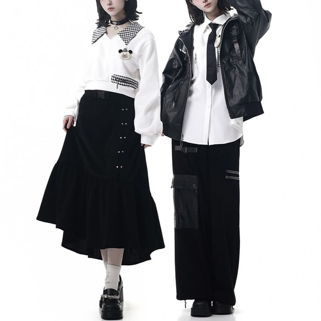 Florimi-Hooded Zip-Up Plain Faux Leather Jacket V-Neck Collared Gingham Panel Crop Sweatshirt Long-Sleeve Button-Up Blouse High Waist Plain Midi A-Line Skirt Zipped Wide Leg Cargo Pants