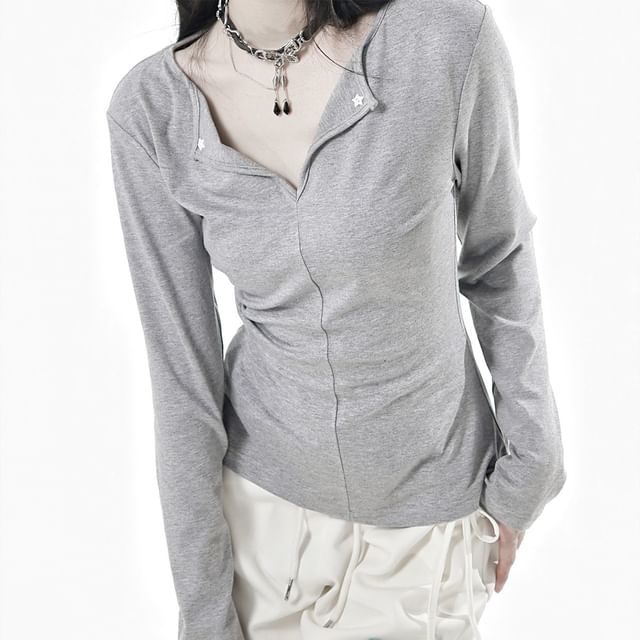 Florimi-Long-Sleeve V-Neck Plain T-Shirt