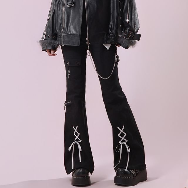 Florimi-Mid Rise Buckled Lace-Up Flared Pants