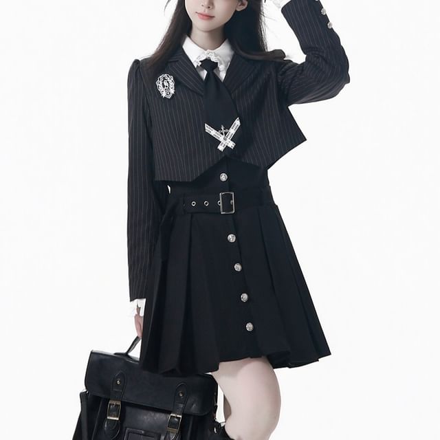 Florimi-Notch Lapel Striped Button-Up Crop Blazer Long-Sleeve Collared Plain Lace Trim Blouse High Waist Pleated Mini A-Line Jumper Skirt Badge Necktie Set
