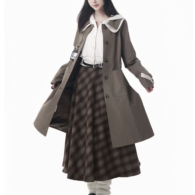 Florimi-Peter Pan Collar Striped Panel Button-Up Long Trench Coat Jacquard Hooded Crop Jacket Necktie Belt Set