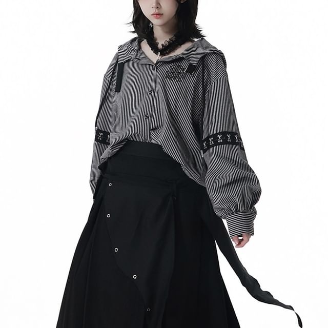 Florimi-Striped Hooded Button-Up Blouse High Waist Plain Asymmetrical Midi A-Line Skirt