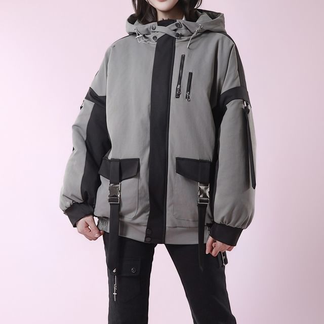Florimi-Two Tone Buckled Hooded Zip-Up Jacket