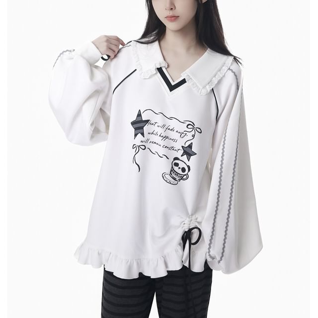 Florimi - V-Neck Collared Lettering Print Asymmetrical Lace Trim Ruffle ...