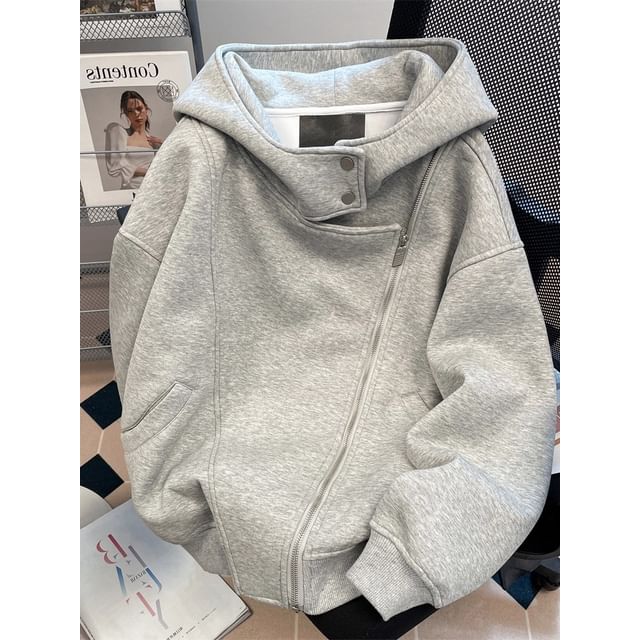 fluffush-Asymmetrical Zip-Up Plain Hoodie