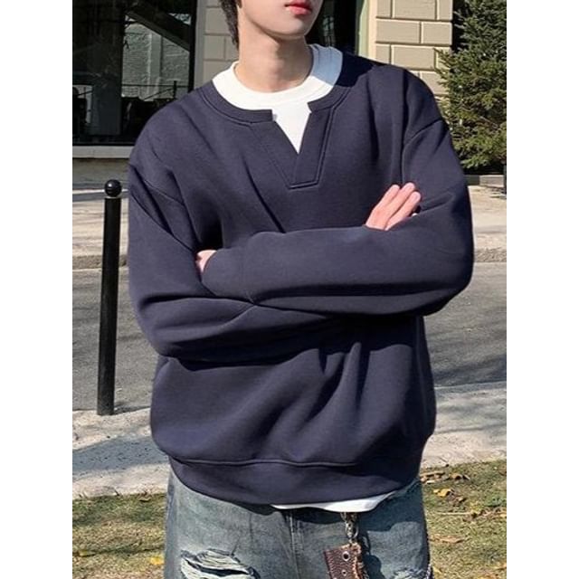 fluffush-Crew Neck Mock Two Piece Sweatshirt