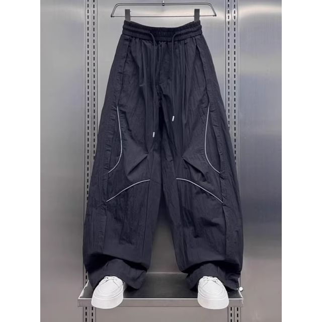 fluffush-Drawstring Waist Contrast Trim Wide Leg Cargo Pants