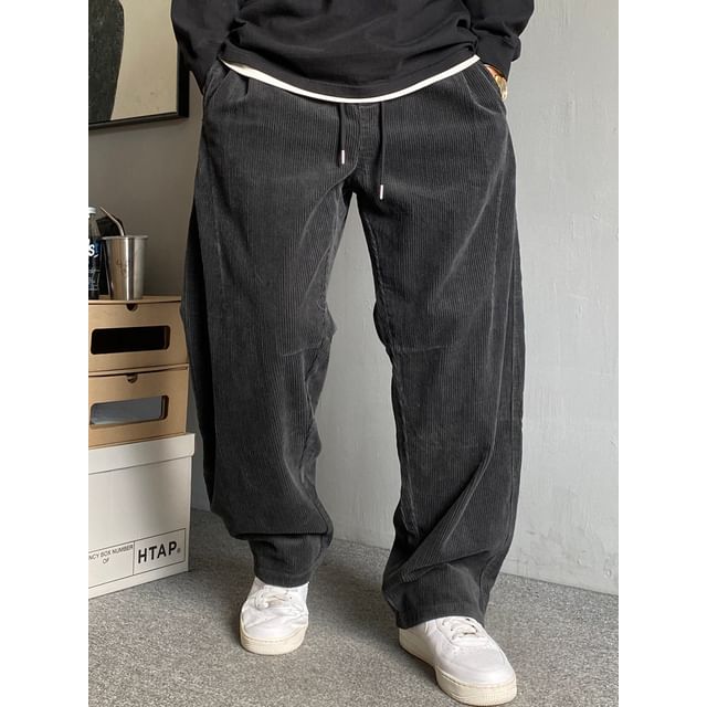 fluffush-Drawstring Waist Plain Corduroy Straight Leg Pants
