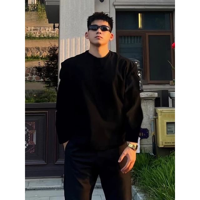 fluffush-Long-Sleeve Crew Neck Plain T-Shirt