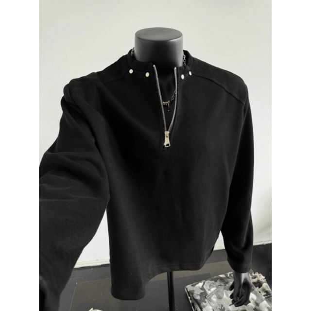 fluffush-Long-Sleeve Half-Zip Plain Studded T-Shirt