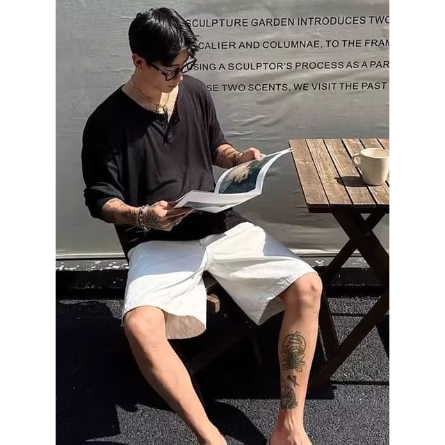 fluffush-Long-Sleeve Henley Plain Sheer T-Shirt