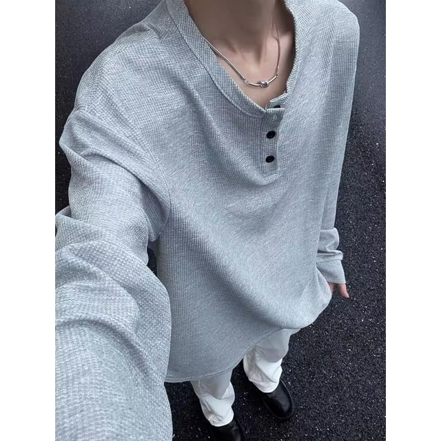 fluffush-Long-Sleeve Henley Plain T-Shirt
